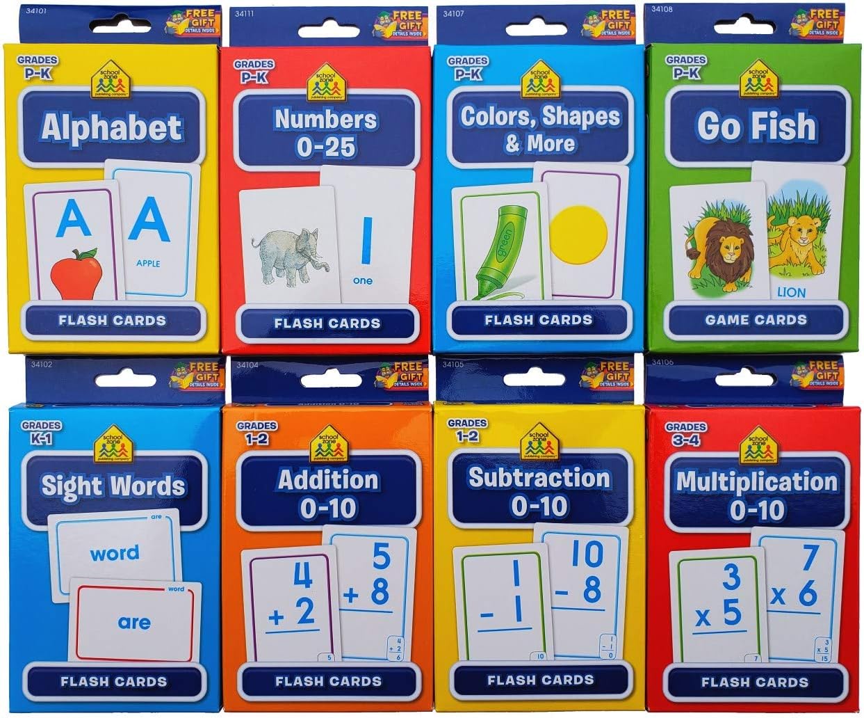 B-THERE Bundle of 8 School Zone Flash Cards, Pre-K - 4th Grade. Sight Words, Subtraction, Multiplication, Go Fish, Addition, Numbers, Colors & Shapes and Alphabet