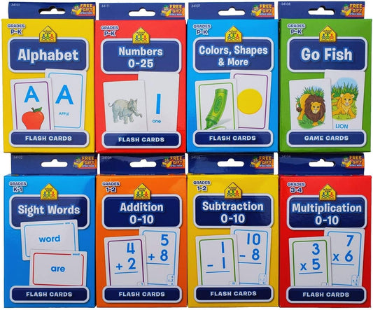 B-THERE Bundle of 8 School Zone Flash Cards, Pre-K - 4th Grade. Sight Words, Subtraction, Multiplication, Go Fish, Addition, Numbers, Colors & Shapes and Alphabet