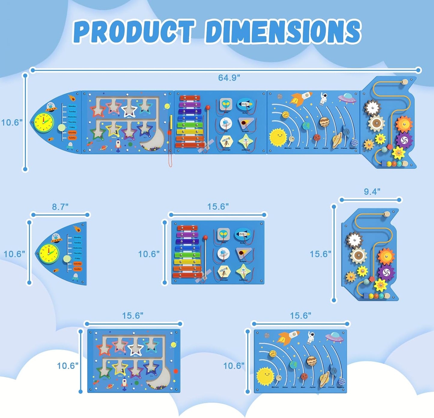 Spacocld Rocket Activity Wall Busy Board Panels - Sensory Wall Panel for Kids, Montessori Toddler Wall Activity Board(5PCS)