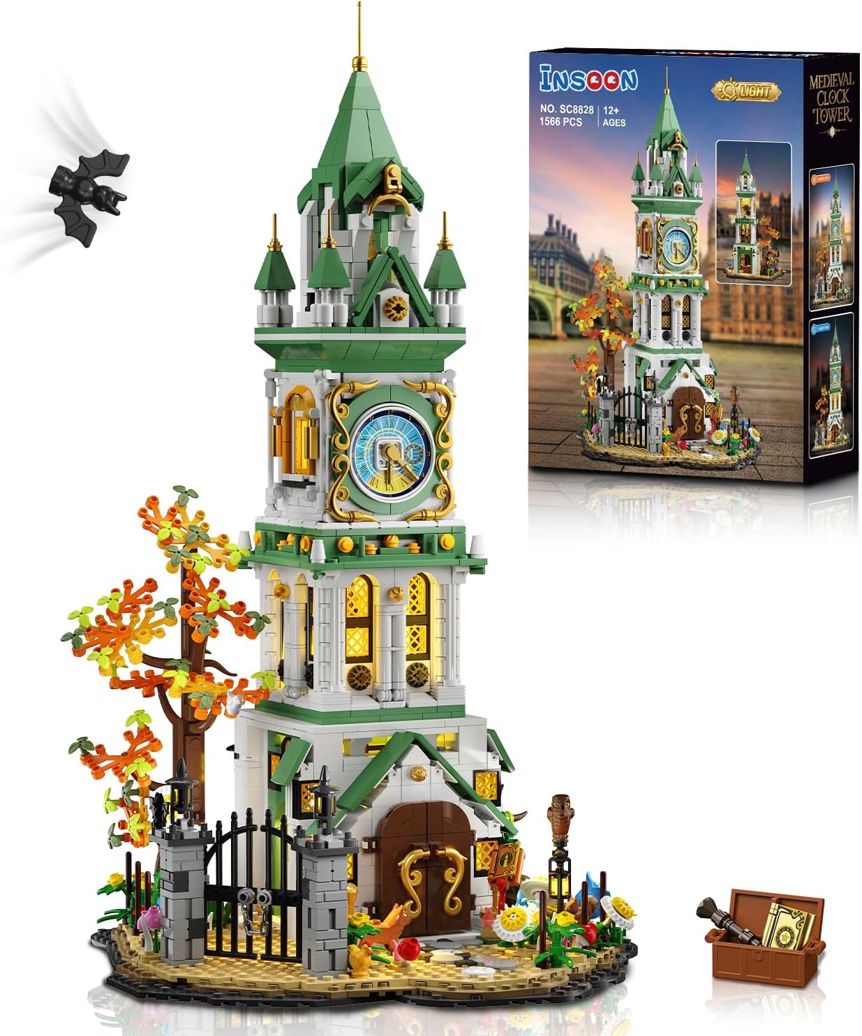 INSOON Magic Clock Tower Building Set with Light, 1566 PCS Big Medieval Castle House Construction Model with Owl & Garden, Home Decor Building Block Kit, Gift for Mothers Adults Teens Boys Girls 12+