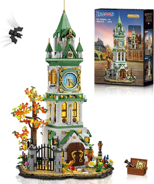INSOON Magic Clock Tower Building Set with Light, 1566 PCS Big Medieval Castle House Construction Model with Owl & Garden, Home Decor Building Block Kit, Gift for Mothers Adults Teens Boys Girls 12+