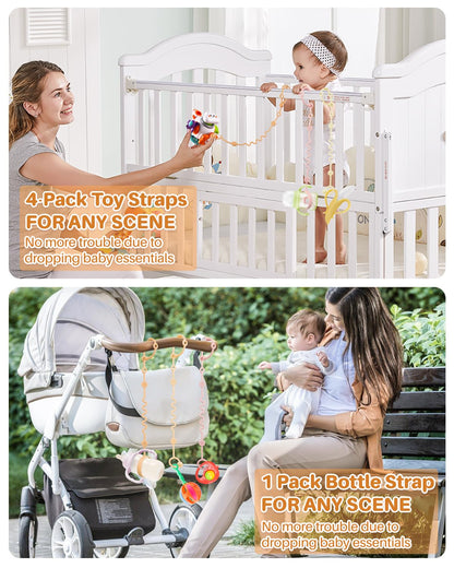 LittleHugs Toy Straps for Baby, 5pcs Adjustable Toy Holder for Stroller Accessories, Silicone Tether Pacifier Clip, No Throw Travel Essential Leash for High Chair, Car Seat (5-Pack)