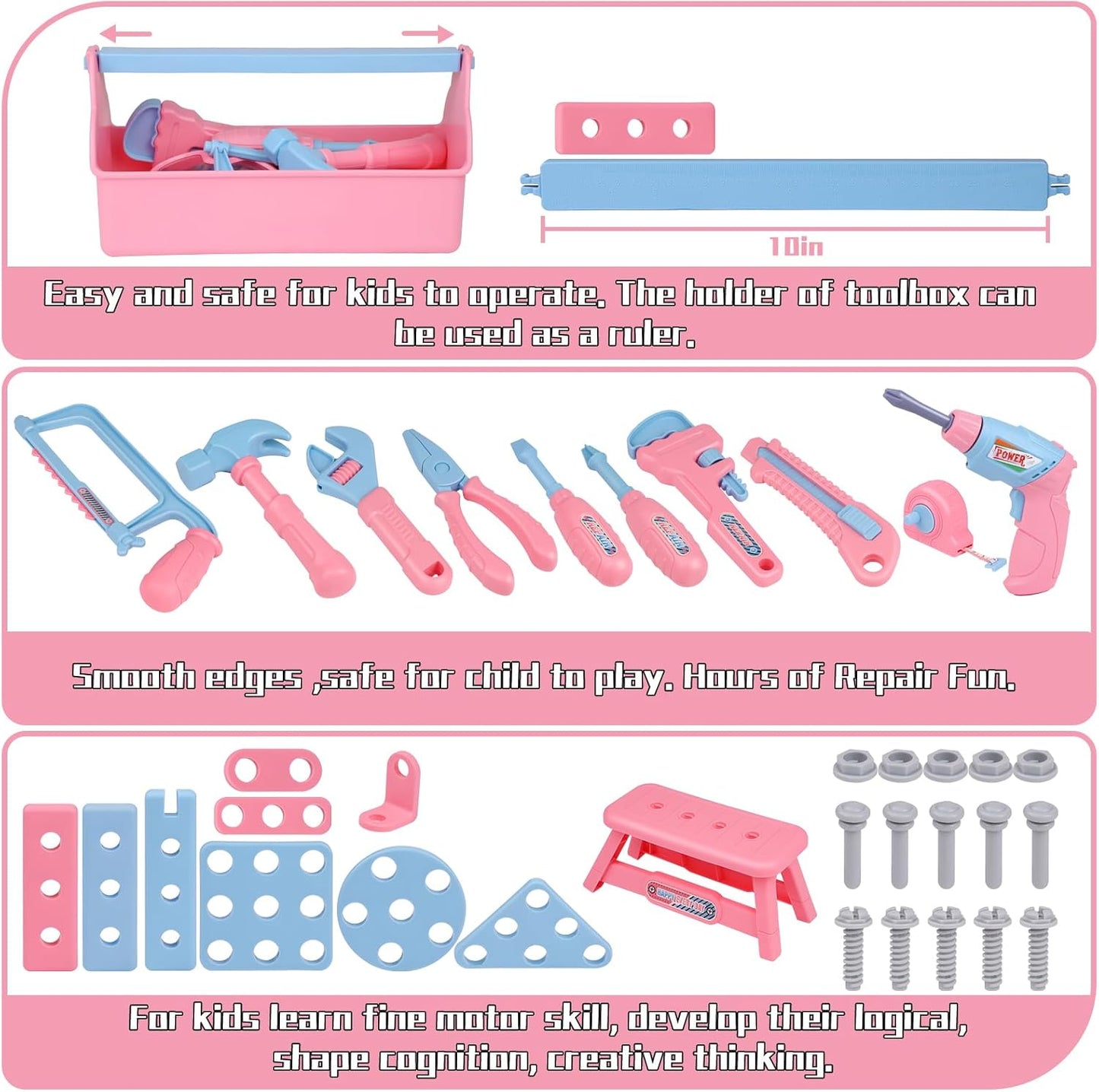Kids Tool Set, 48PCS Toddler Tool Set with Electronic Toy Drill & Kids Tape Measure,Pretend Play Construction Toys Costume with Kids Tool Belt & Gloves,Toy Tools Box for Girl Boy Ages 3-8
