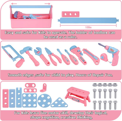 Kids Tool Set, 48PCS Toddler Tool Set with Electronic Toy Drill & Kids Tape Measure,Pretend Play Construction Toys Costume with Kids Tool Belt & Gloves,Toy Tools Box for Girl Boy Ages 3-8