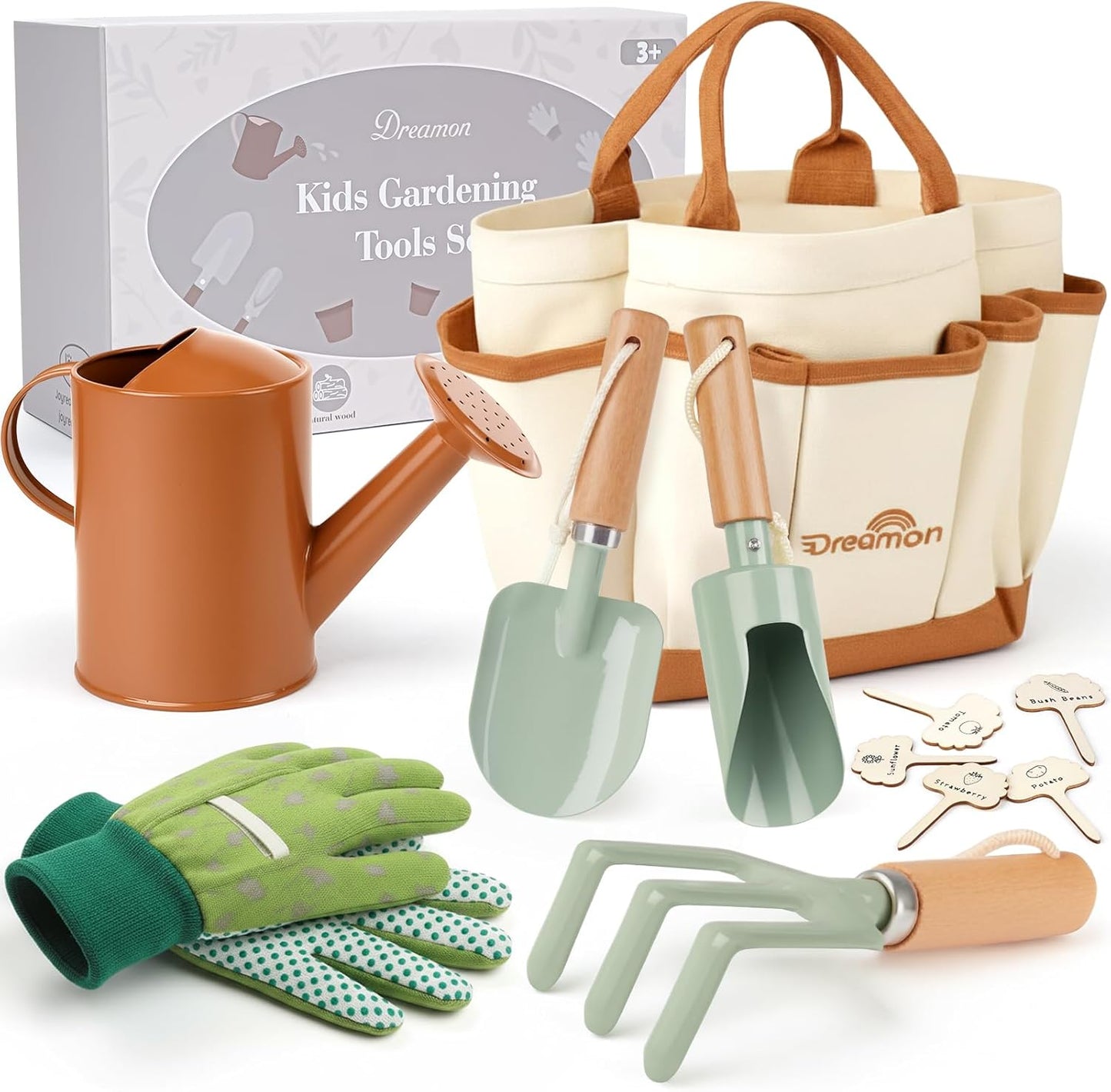 Kids Gardening Set, Quality Gardening Tools Outdoor Toys Set for Kids Toddler, Includes Tote Bag, Gloves, Watering Can, Shovel, Rake, Cultivator, Garden Tool Kit Learning Outdoor Gifts for Boys Girls
