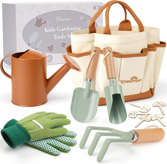 Kids Gardening Set, Quality Gardening Tools Outdoor Toys Set for Kids Toddler, Includes Tote Bag, Gloves, Watering Can, Shovel, Rake, Cultivator, Garden Tool Kit Learning Outdoor Gifts for Boys Girls