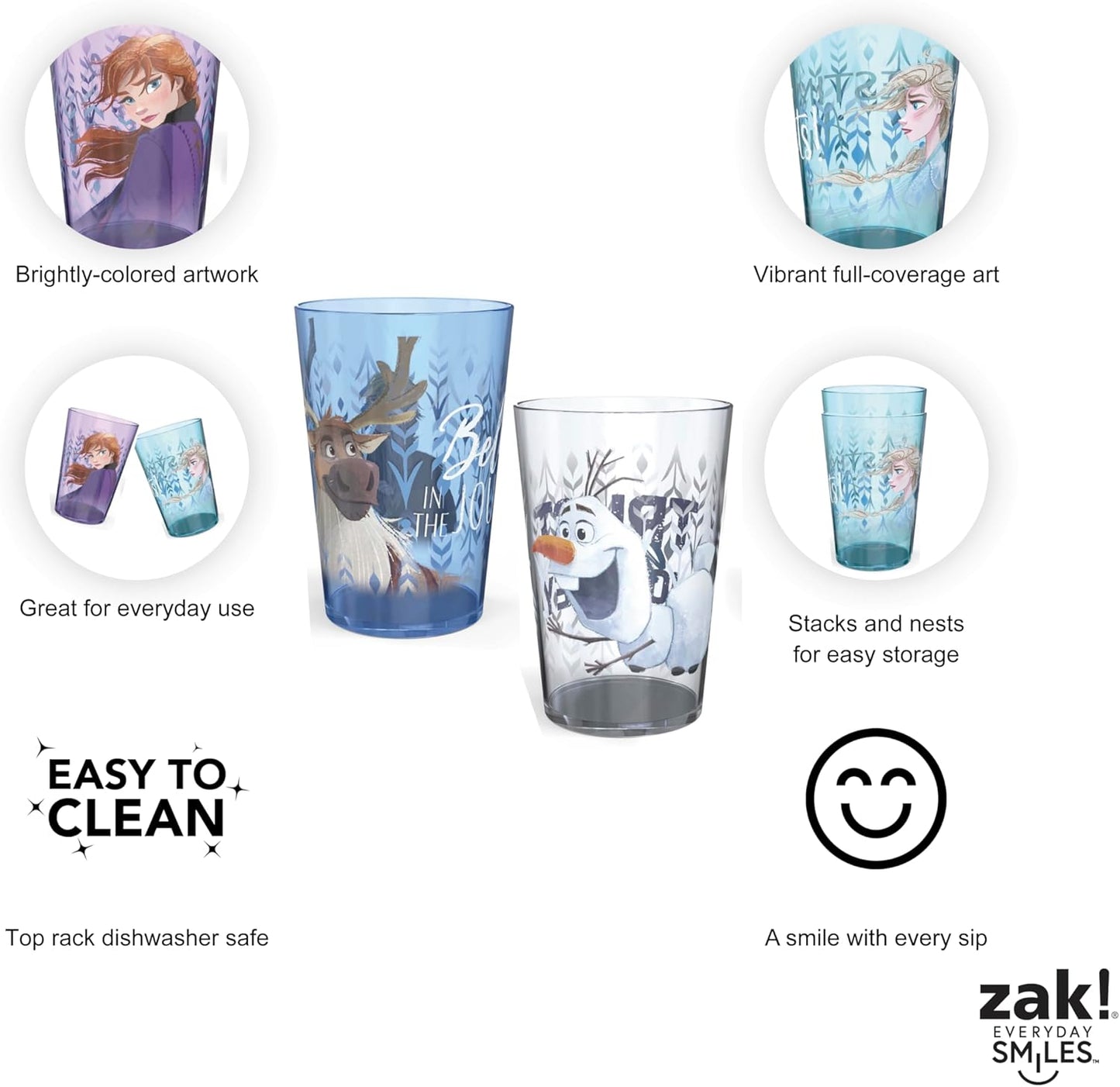 Zak Designs 14.5oz Disney Frozen 2 Nesting Tumbler Set Includes Durable Plastic Cups, Fun Drinkware is Perfect for Kids, 4pk (14.5oz, Anna & Elsa & Olaf)