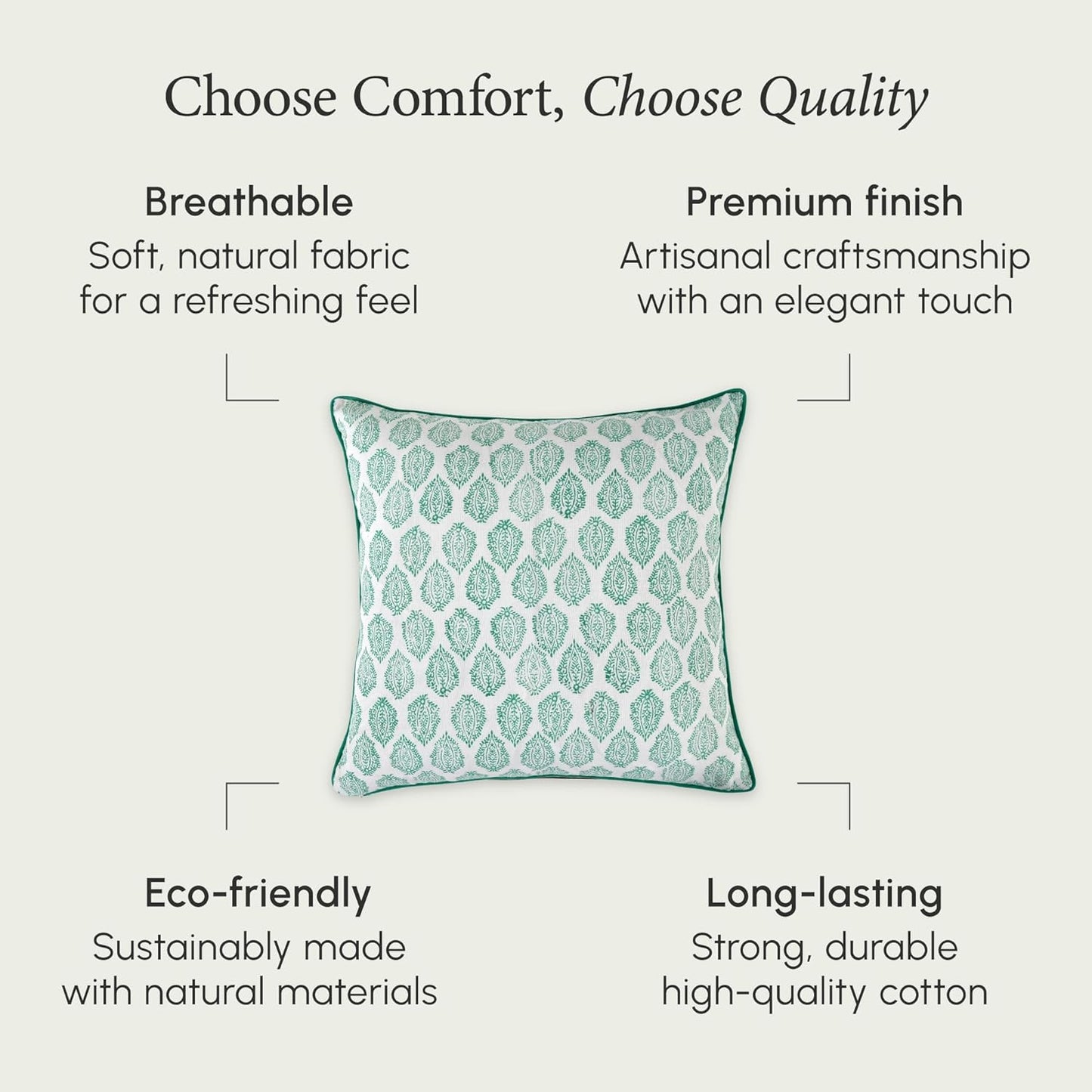 CPC 100% Cotton Throw Pillow Covers 18x18 Inch, Set of 2 Green Block Print Pattern Couch Pillow, Cute Boho Decorative Pillows for Living Room, Bedroom with Hidden Zipper- Agate Green