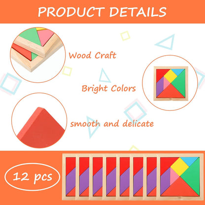 Meooeck 12 Pack Tangrams Wooden Puzzles Tangrams Set f Shape Puzzles Brain Logic Blocks for Games Educational Gifts for Adults Students(Notch Style)
