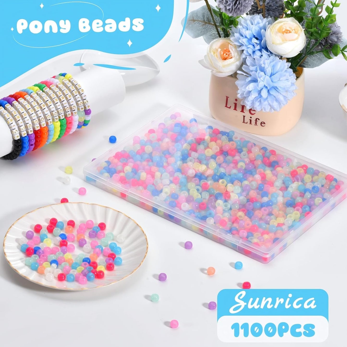1100Pcs Red Pony Beads 6x9mm Large Hole Plastic Hair Beads for Braids, Kandi Bracelets, Keychains, Jewelry Making