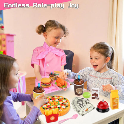 Restaurant Playsets for Kids - Waitress Role Play Costume Set for Girls, 60 Pieces Food Playset with Girls Apron, Diner Playset for Kids, Play Restaurant, Pretend Restaurant Playset for Kids Age 3+