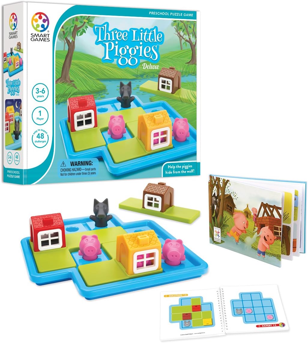 SmartGames Three Little Piggies – Preschool Logic Puzzle Game with 48 Challenges and Storybook – Educational Fairy Tale Puzzle for Kids Ages 3+ to Develop Spatial Reasoning and Problem-Solving Skills