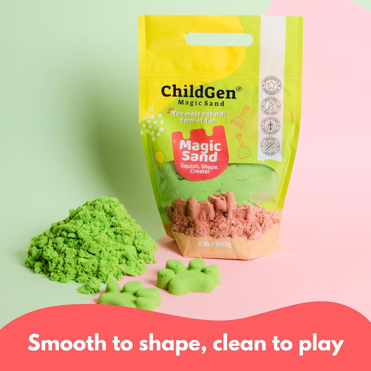 ChildGen Magic Sand, 2lbs Natural Sea Sand in Resealable Bag, Non-Toxic Play Sand for Kids, Soft, Moldable, Mess-Free Sensory Play (Green)