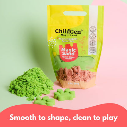 ChildGen Magic Sand, 2lbs Natural Sea Sand in Resealable Bag, Non-Toxic Play Sand for Kids, Soft, Moldable, Mess-Free Sensory Play (Green)