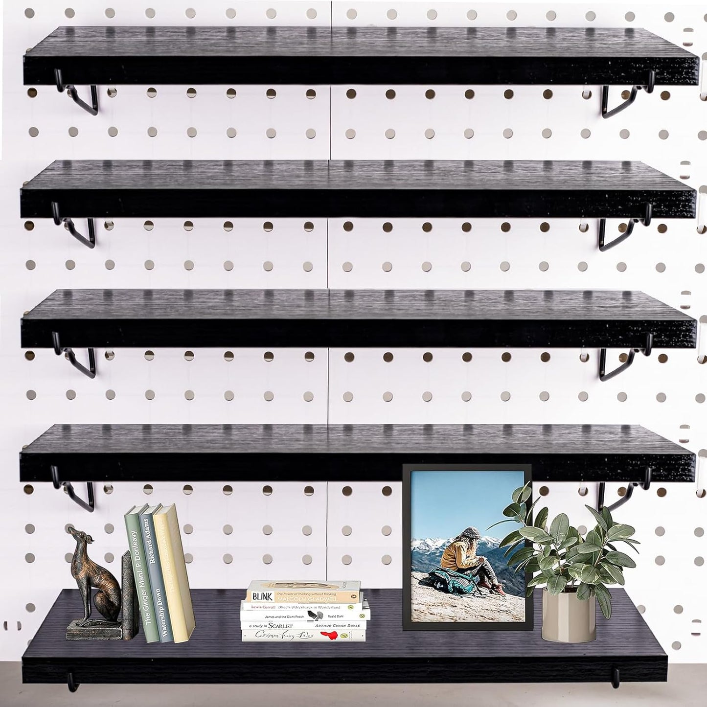 Pegboard Shelf Set - 6 Heavy Duty Peg Board Shelves & Steel Brackets, Organizer for Storage, Garage, Workbench, Craft, Office