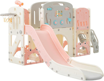 11in 1 Toddler Slide, Kid Slide for Toddlers Age 1-3 with Telescope, Basketball Hoop, and Telescope, Indoor Outdoor Playset Playground Blue Grey