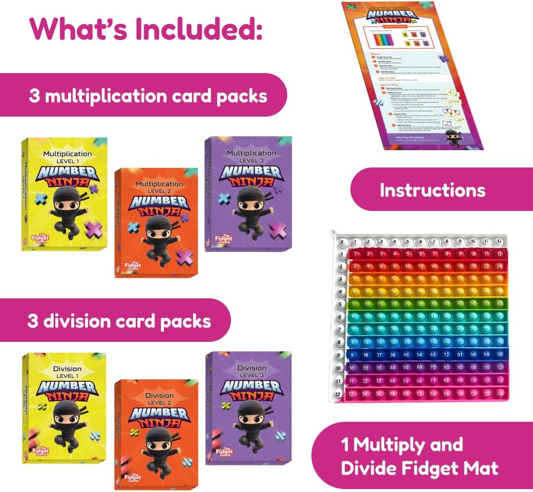THE FIDGET GAME Number Ninja – Multiplication & Division Game for Grades 2–4 | Fun Learning Activity with Math Problems | Classroom & Homeschool Flash Cards & Strategy Play