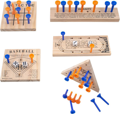 5 PCS Wooden Peg Games Assortment Kit, Strategy Board Table Game Set in 5 Style Including Baseball, Tic-Tac-Toe, Insanity, Peg-Board-Game, Roundabout