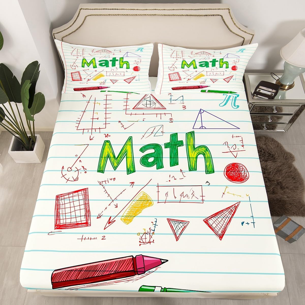 Erosebridal Science Theme Bed Sheets Set Full Size for Boys Girls Chemistry Periodic Table Print Sheet Set Chemical Subject Theme Sheets Teens Kids Math Science Atyle Fitted Sheet 4 Pcs