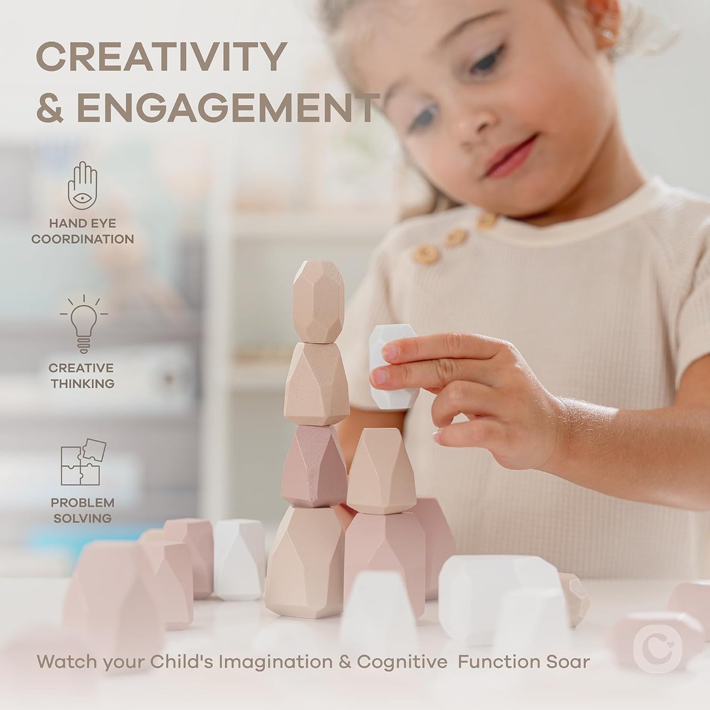 Comfy Cubs Stacking Rocks 36 Pieces, 36 Months+, Educational Toddler Stacking Blocks, Promotes Imagination, Balance & Fine Motor Skills - Wooden Rocks Sensory Toys Gift for Kid, Neutral Pack