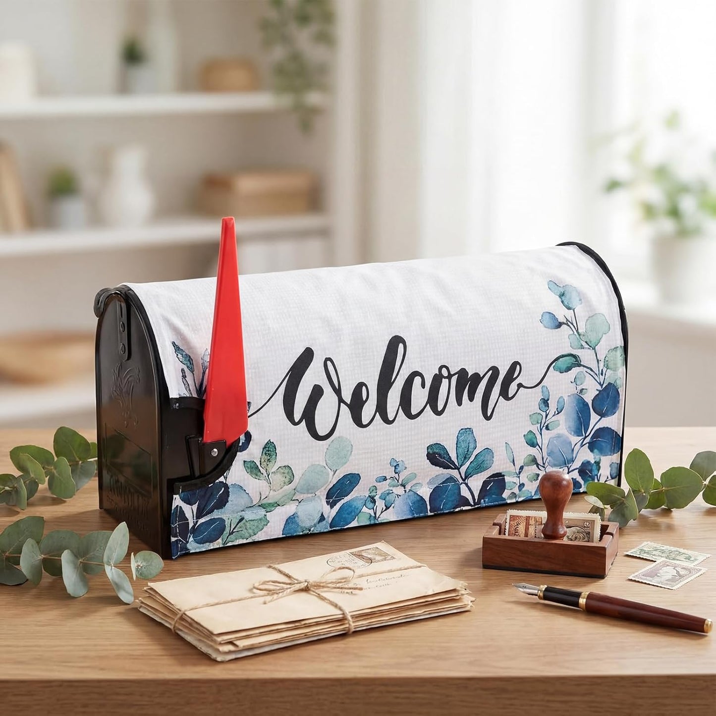 Tiamon Monogrammed L Mailbox Covers Magnetic Eucalyptus Welcome Letter Box Wrap Standard Size 21x18 Inch Spring Summer Leaves Mailbox Decor Eucalyptus Letter Numbers Decoration for Outdoor Garden Yard