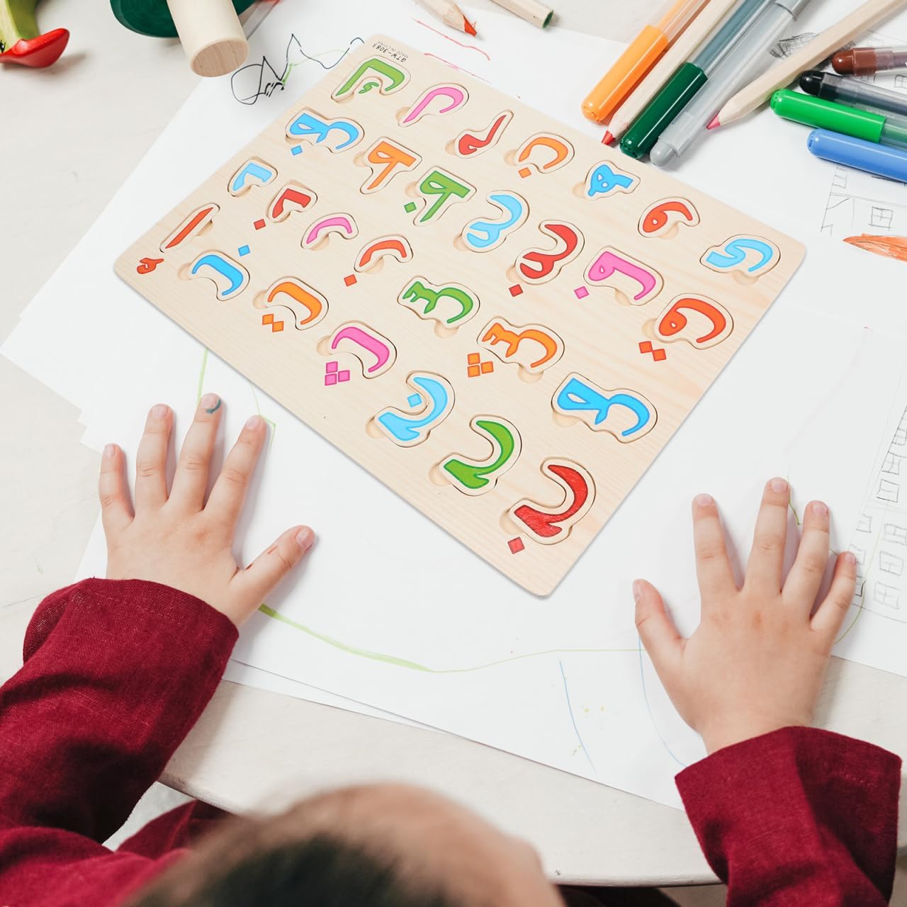 Toddle Arabic Alphabet Puzzle: Learning Arabic Letter Montessori for Kids - 3D Number Hand Grip Blocks Jigsaw Puzzle Board Preschool Educational Developing Toy