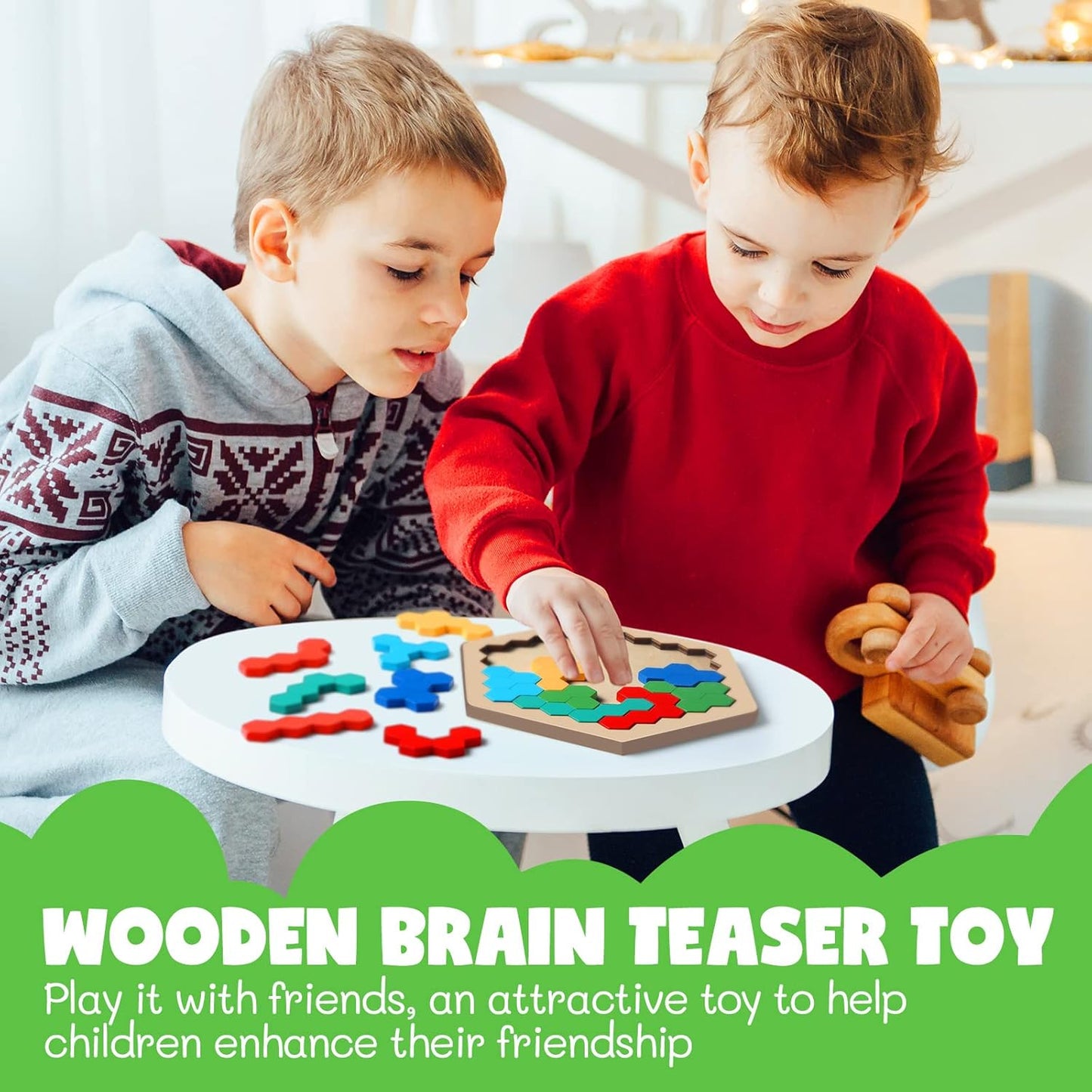 Yunsailing 3 Pack Large Hexagon Tangram Puzzle Wooden Brain Puzzles for Adult Challenge Wood Russian Blocks Brain Teasers Geometric Jigsaw Block Logic Iq Stem Family Graduation Gifts(Vintage)