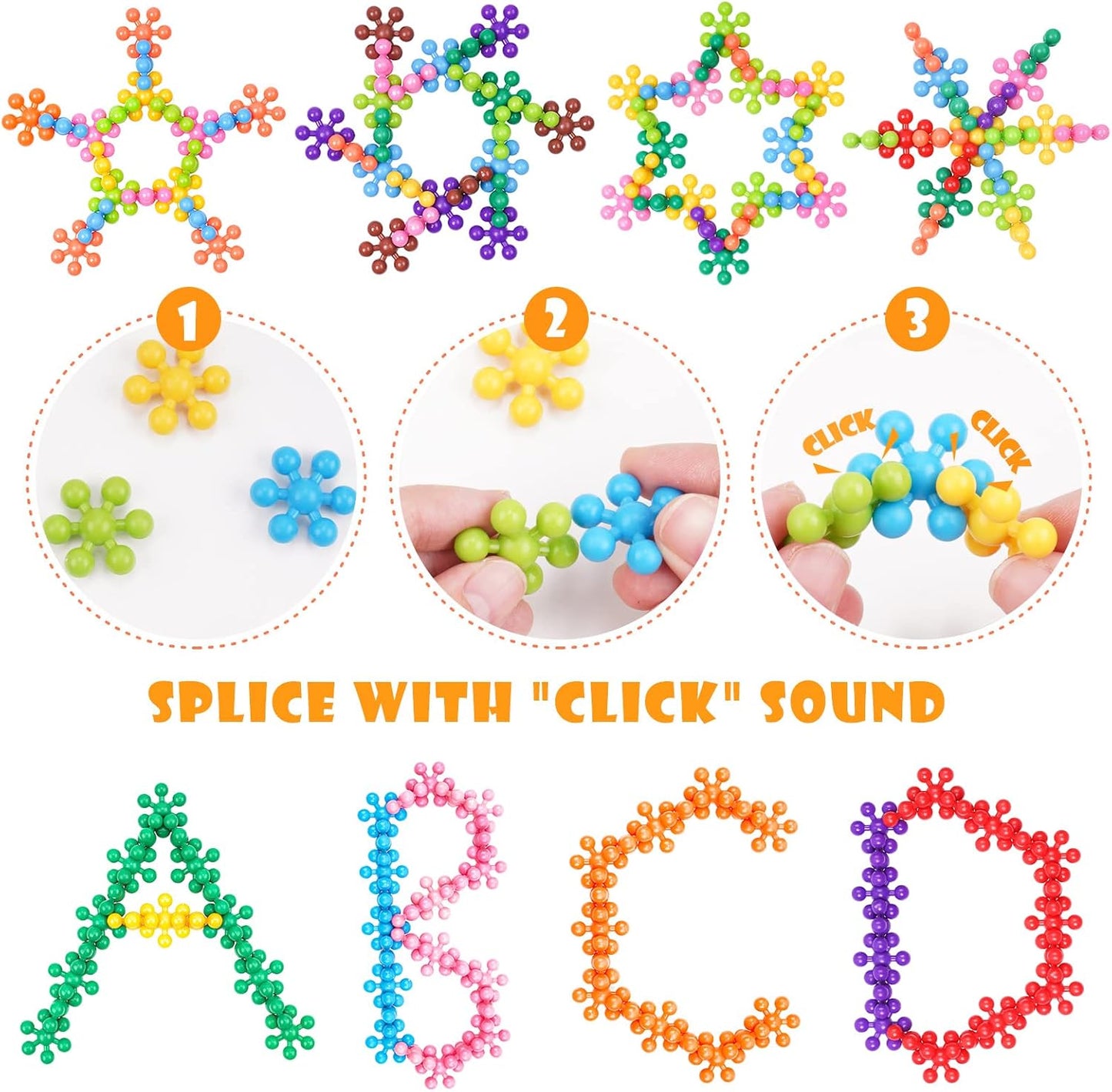 Snowflake Interlocking Building Block Educational Toy 300PCS for Kids Ages 3+, Multi-Color Solid Plastic Early Learning Creativity STEM Toy with Carrying Case Safe Material