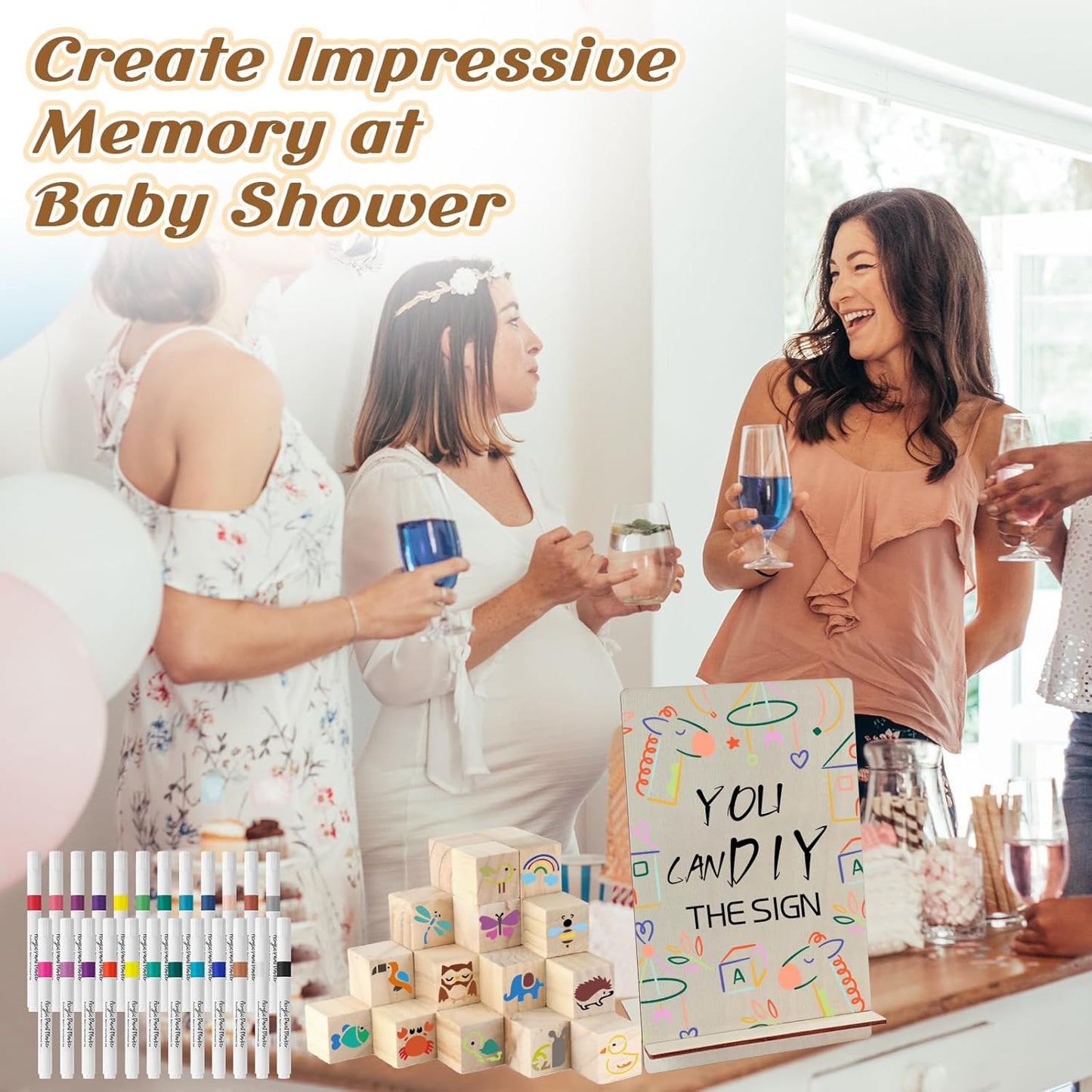 117 Pcs Baby Shower Blocks to Decorate Game Kit Includes 52 Wooden Blocks 24 Markers 1 Game Sign 40 Templates to Paint (Kraft)