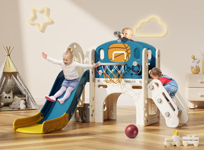 BIERUM 9 in 1 Toddler Slide, Kid Slide for Toddlers Age 1-3 with Ring Toss, Basketball Hoop, and Telescope, Indoor Outdoor Playset Playground Beige Gray