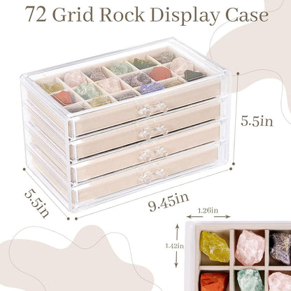 Bfttlity Acrylic Rock Display Case,54 Grids Rock Collection Box for Kids with Mini Magnifying Glass and Gloves, Clear Display Cases for Stones Collectibles Gemstone Crystals Storage Boxes