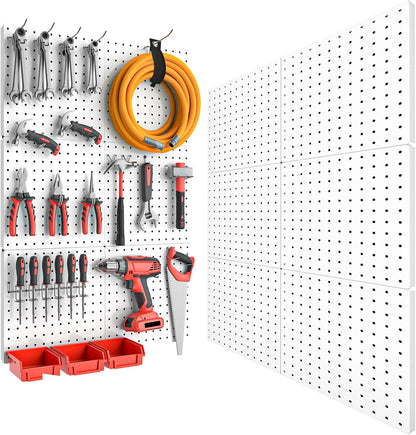 Peg Board, 4PCS Metal Pegboard Wall Organizer. Heavy Duty Pegboard, Peg Boards, Pegboard for Walls, White Pegboard for Garage Craft Room Workbench Office Kitchen Tool Organization, 12"*12"