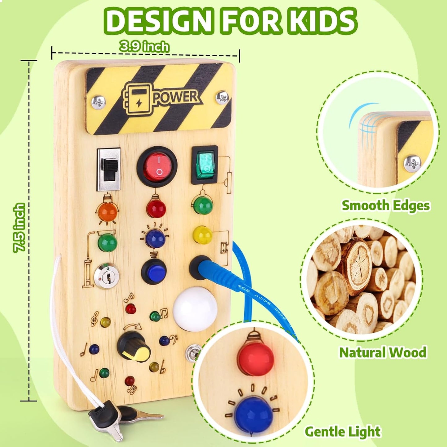 wakeInsa Busy Board with led Light， Sorting Sensory Travel Toys for Toddlers 1-3， Wooden Toddler Busy Board Montessori Toys for 1+ Year Old