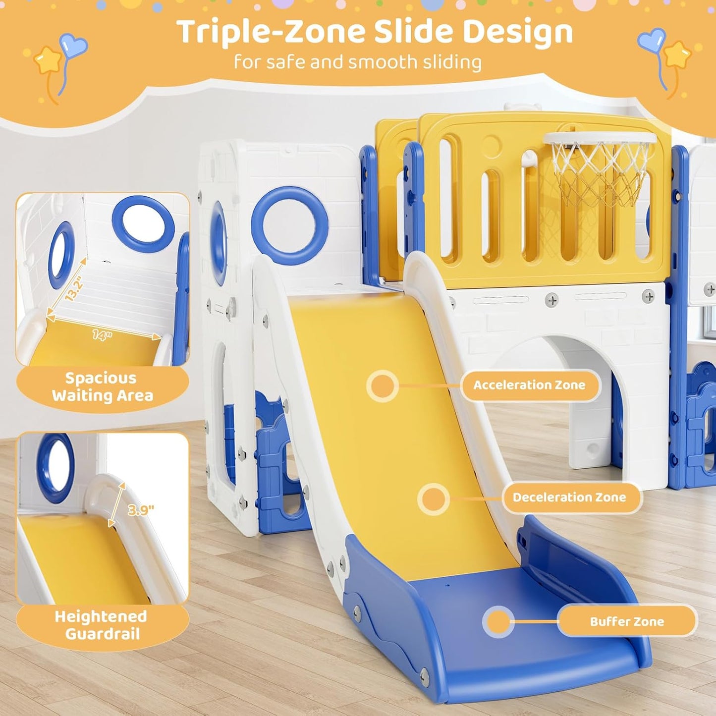 Arlopu 9 in 1 Toddler Slide Set, Kids Large Climber Slide Playset w/Long Slope, Telescope, Storage Space, Enclosed Steps, Indoor Outdoor Playground (White & Gray)