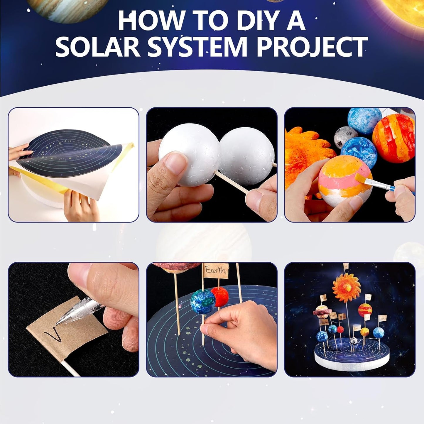 Pllieay 3D Solar System Model, Solar System Project Kit Includes Display Box, Mixed Sized Foam Balls, Color Pigments, Palette, Painting Brushes, Bamboo Sticks for Kids School Science Projects