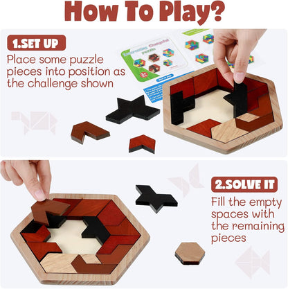 Yunsailing 3 Pack Large Hexagon Tangram Puzzle Wooden Brain Puzzles for Adult Challenge Wood Russian Blocks Brain Teasers Geometric Jigsaw Block Logic Iq Stem Family Graduation Gifts(Vintage)