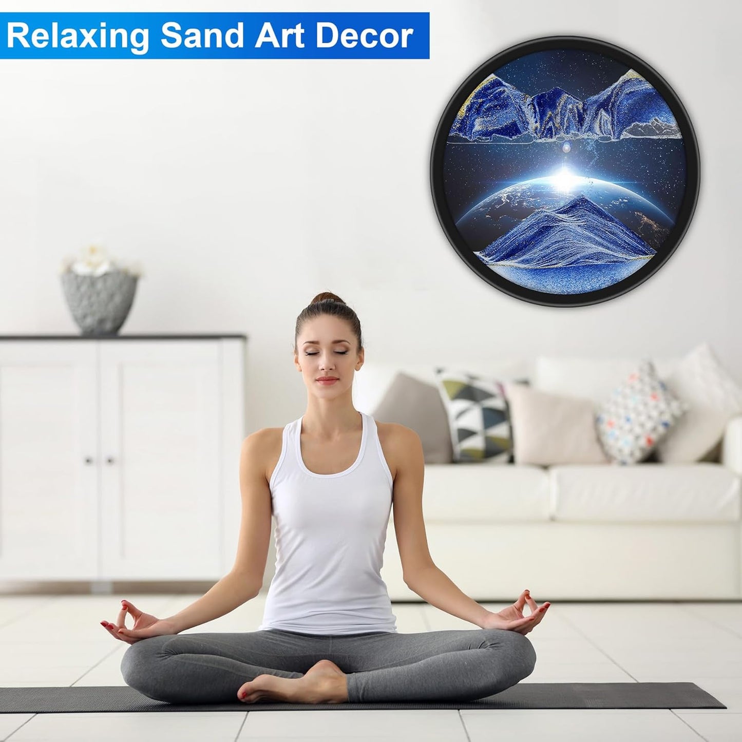 17.3" Moving Sand Art, 3D Sand Art Pictures Deep Sea Sandscape Living Room Decoration, 360° Rotate, Glass Crafts Solid Wood Frame, Relaxing Mood Home Office Work Wall Art Decor