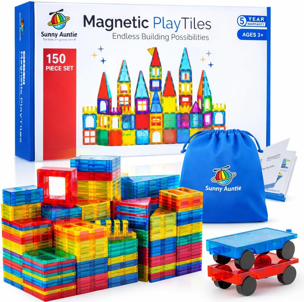 SUNNY AUNTIE Magnetic Tiles 125 PCS XL Set with Storage Bag – Magnetic Building Tiles for Kids Ages 3-8, STEM Magnet Construction Toy for Boys & Girls