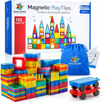 SUNNY AUNTIE Magnetic Tiles 125 PCS XL Set with Storage Bag – Magnetic Building Tiles for Kids Ages 3-8, STEM Magnet Construction Toy for Boys & Girls