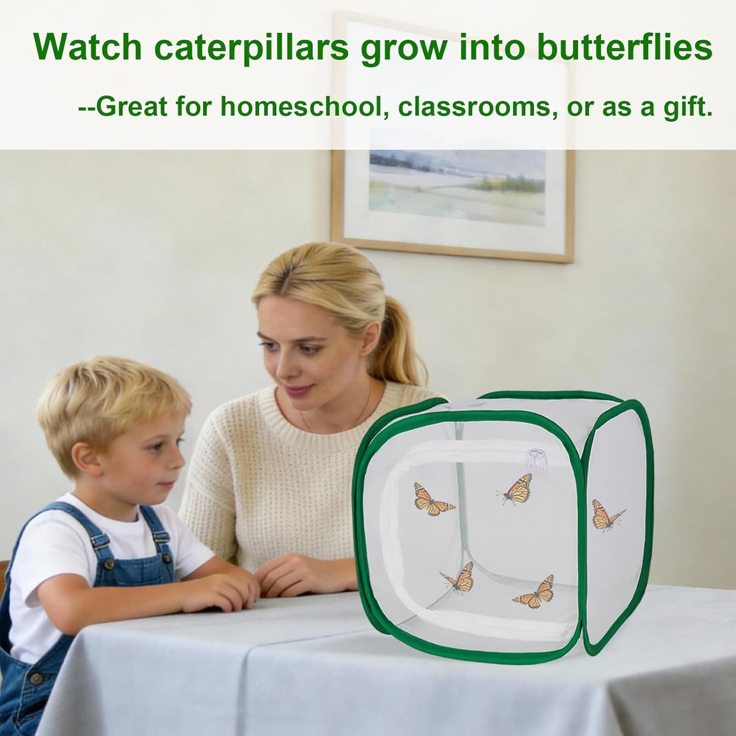 Butterfly & Insect Habitat Cage 24" x 24" x 36", Extra Large Butterfly Enclosure with Poop Tray for Easy to Clean, Pop-up Caterpillars Mesh Cage Terrarium with Sunshade Top for Outdoor.