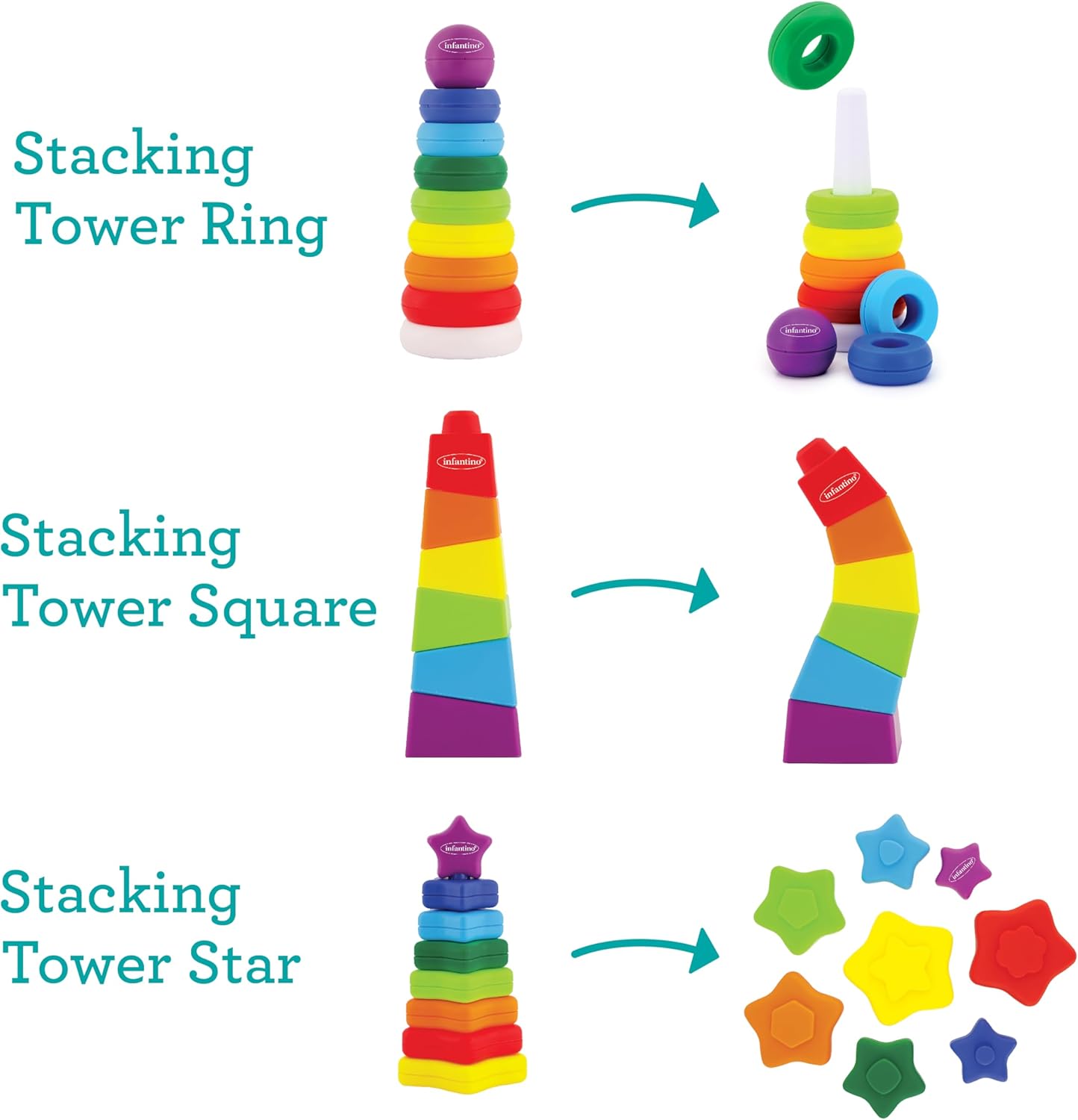 Infantino Imagination Stackers Playset, Rainbow Stacker, Rocket Stacker, Ball Stacker for Babies 12M+, 3-Style Set, 19 Pieces