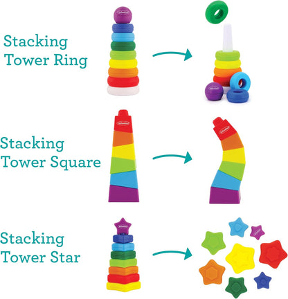 Infantino Imagination Stackers Playset, Rainbow Stacker, Rocket Stacker, Ball Stacker for Babies 12M+, 3-Style Set, 19 Pieces