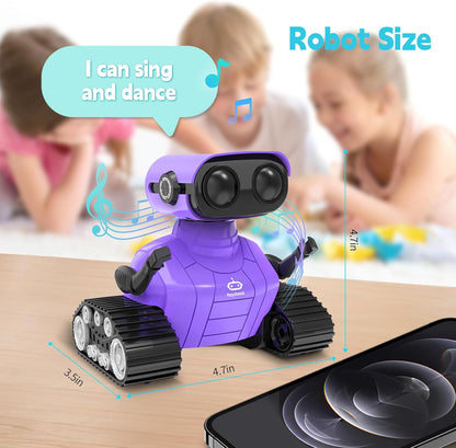 Playsheek Rechargeable Emo Robot with Auto-Demonstration - Remote Control Smart Robot Toy Gift for Kids Age 3+ - Purple