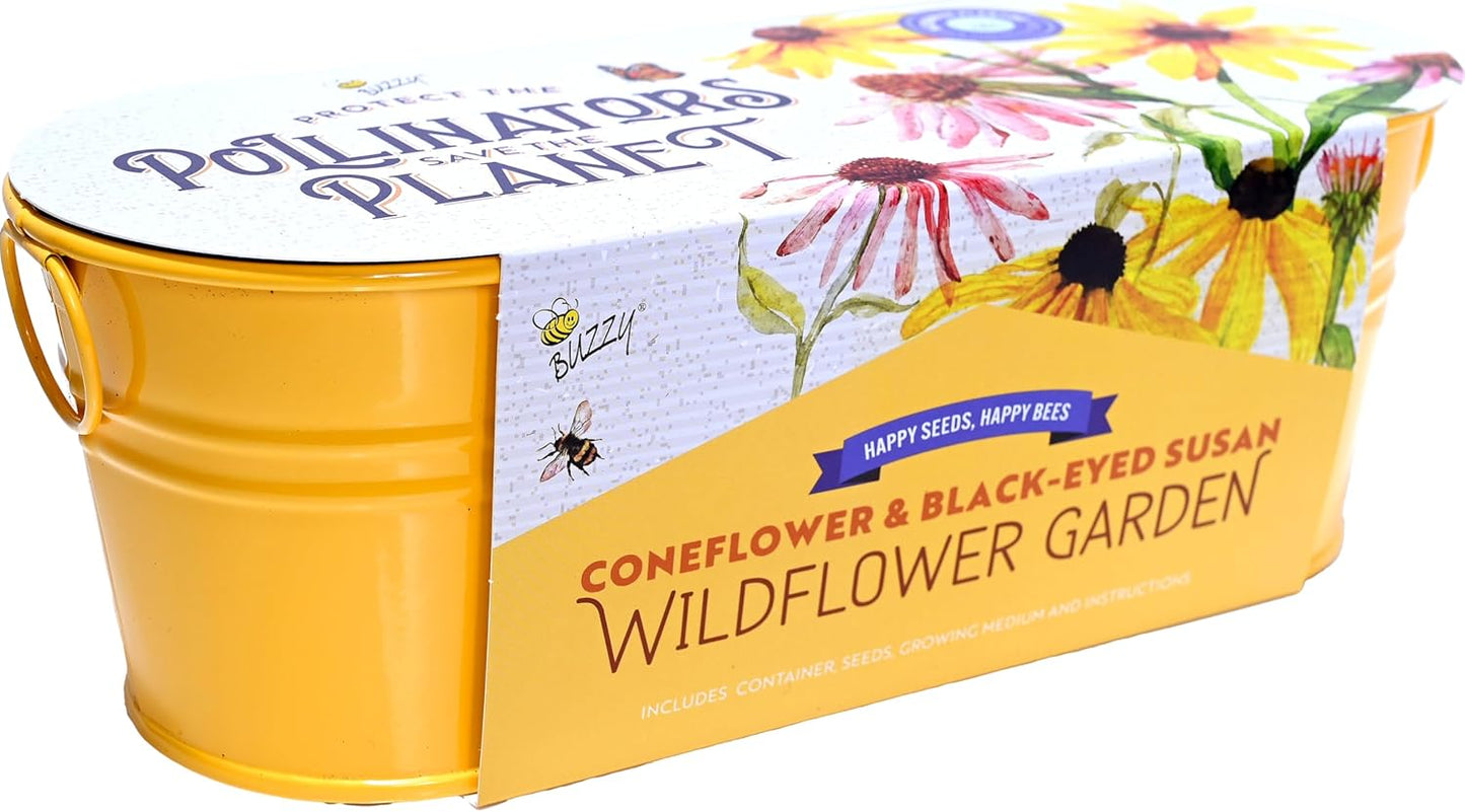 Buzzy Seeds Wildflower Garden Grow Kit, All-in-One Indoor Seed Starter Set with Non-GMO Mix of Coneflowers and Black Eyed Susans with a Decorative Planter - Great Gift for Gardeners, Gardening Project