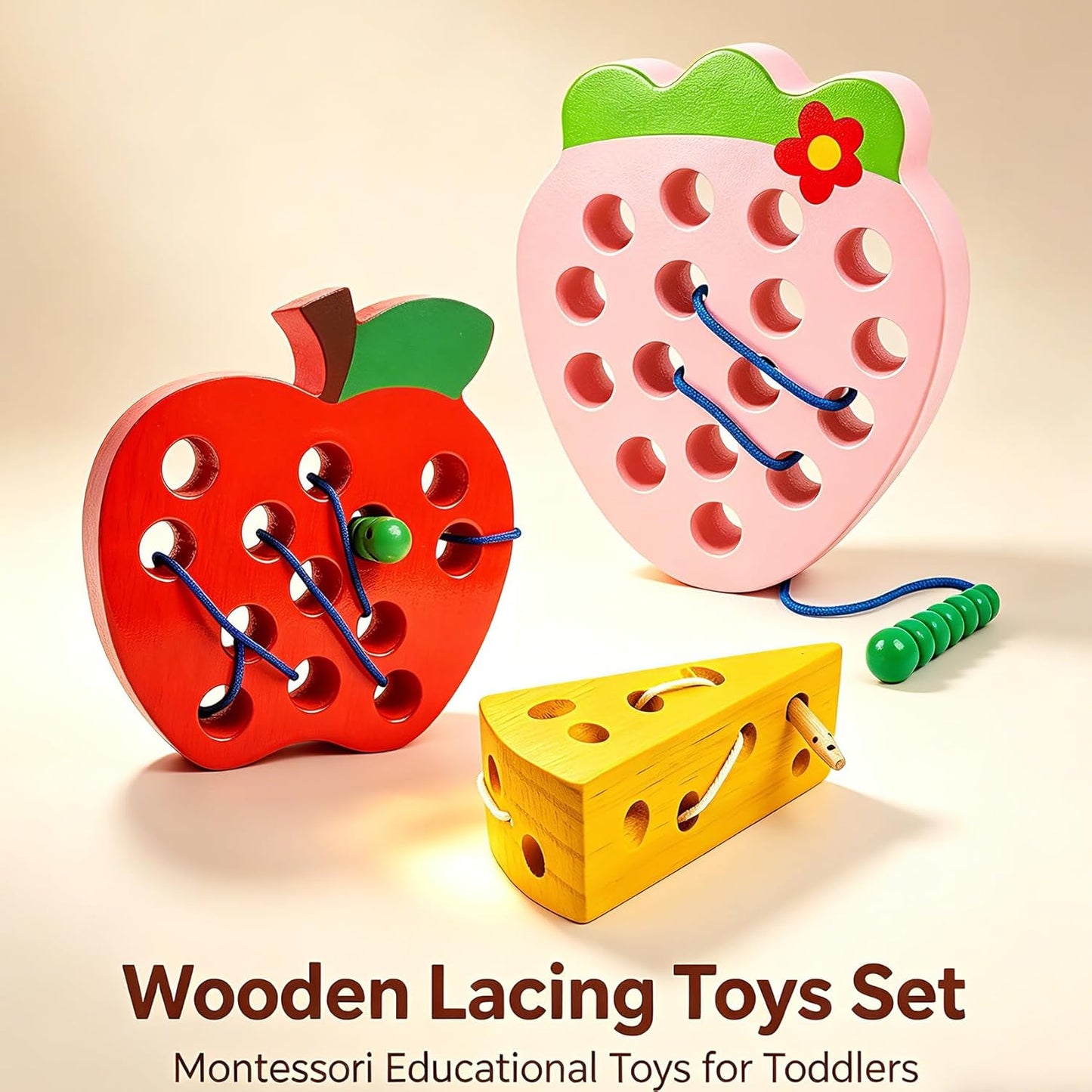 Lacing Toys for Toddlers,Wooden Threading Apple Baby Travel Toys,Montessori Education Sensory Learning Fine Motor Skills, Wooden Block Puzzle Gifts for 3 Year Old Baby Kids Boys Girls