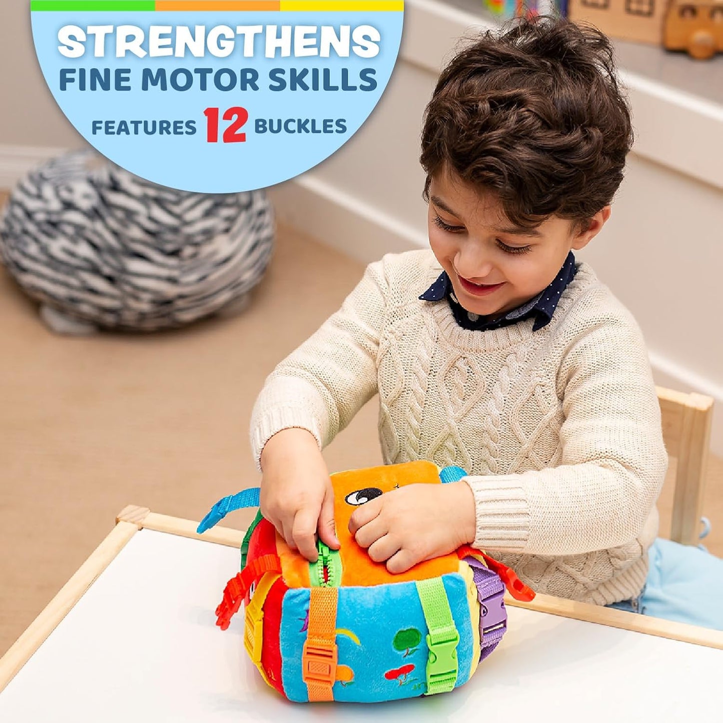 Buckle Toys - Benny Lion - Toddler Plush Activity Toy Stuffed Animal - Great for Homeschool or Preschool - Fine Motor Skill and Cognitive Skill Development - Zipper Storage for Small Items