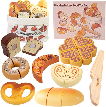 Wooden Play Food Toys for Toddler,Kids Baking Cutting Game Set,Children Kitchen Bakery Pretend Play,Early Educational Toy Gift for Boys Girls