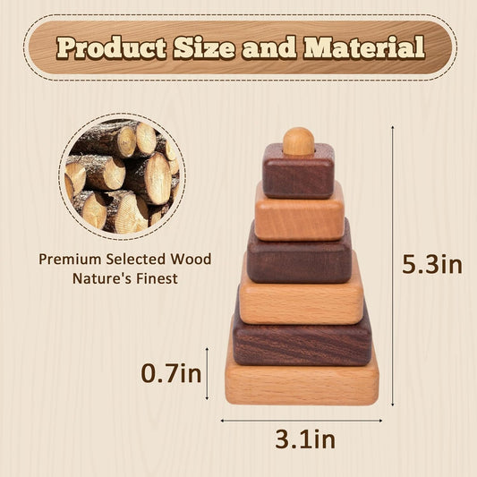 Adena Montessori Ring Shape Sorter and Stacking Tower for Babies Natural Wood-Colored Wooden Stacking Toy,Montessori Geometric Stacker Wooden Educational Toy,Baby and Toddler Ages 12+ Months (Square)