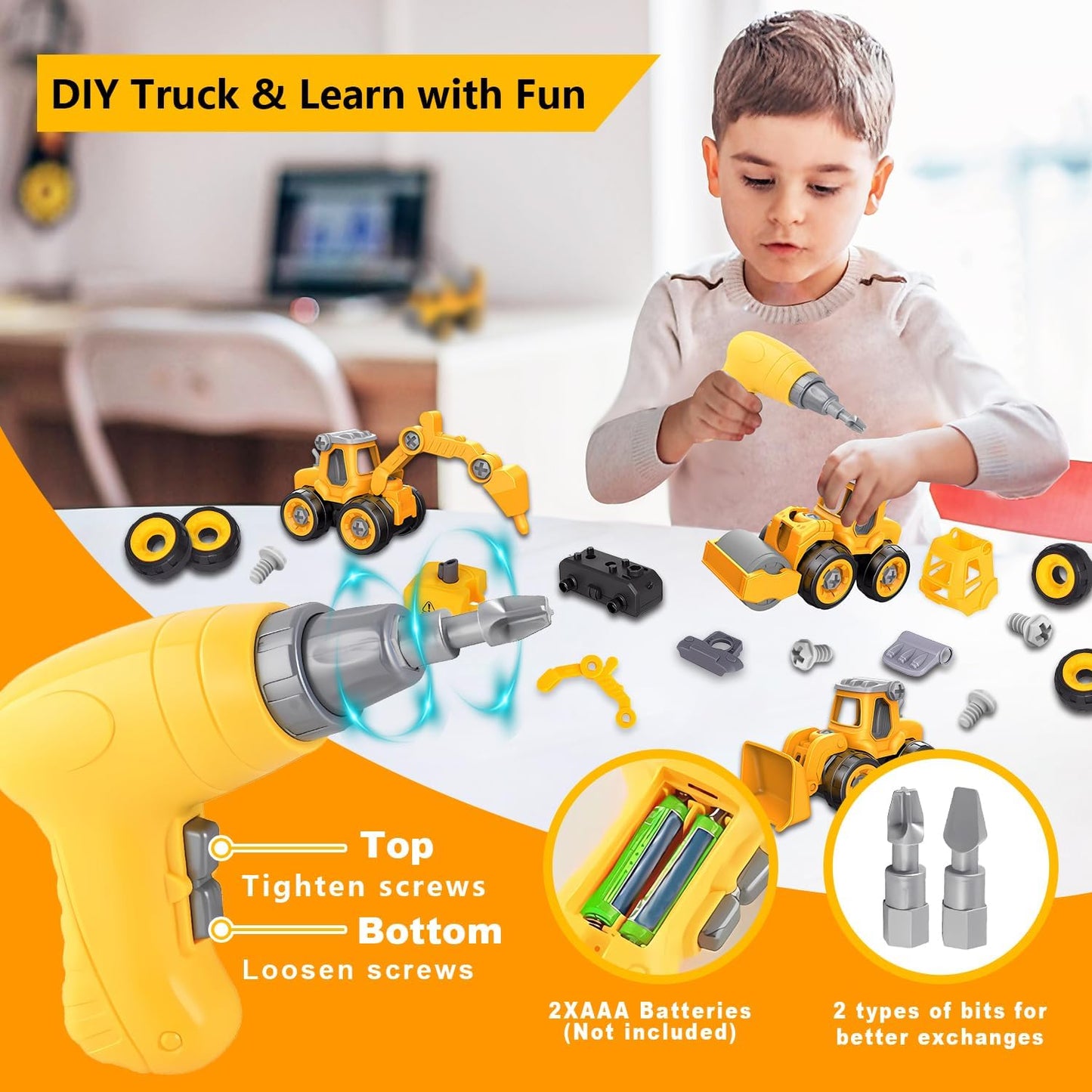 Take Apart Construction Truck Excavator Toys for Kids Ages 3-8, STEM Learning Building Toys with Electric Drill & Puzzle Play, Educational Engineering Birthday for Boys Kids Toddlers