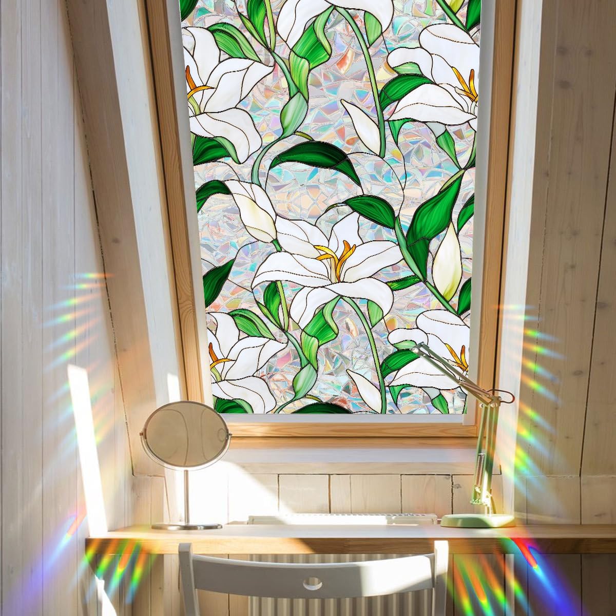 Flower Stained Glass Window Film Decorative Static Cling Stickers Sun Blocking Privacy Decals for Home Car White Lily